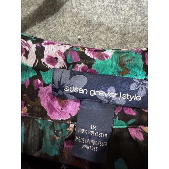 Susan Graver Blouse Women 1X Blue Semi Sheer Floral V Neck Wide Sleeve Fairy - Picture 2 of 7